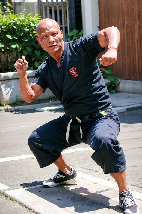 1 male,bald head,full body ,fight, Shaolin Temple,(detailed pupils:1.1),best quality, masterpiece, 4K,photo \(medium\), Martial arts movements,sunny day, <lora:jichunhua:0.8>