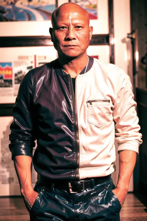 best quality, ultra high res, (photorealistic:1.4), masterpiece, blurry background,indoors,1boy,50 years old,standing ,(looking at viewer), black shirt, <lora:jichunhua:0.8>