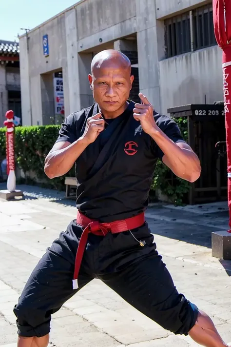 1 male,bald head,full body ,fight, Shaolin Temple,(detailed pupils:1.1),best quality, masterpiece, 4K,photo \(medium\), Martial arts movements,sunny day, <lora:jichunhua:0.8>
