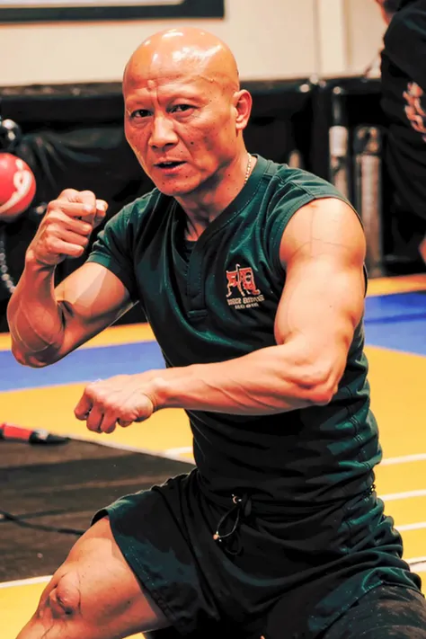male,bald head,full body ,fight, (detailed pupils:1.1),best quality, masterpiece, 4K,photo \(medium\), Martial arts movements,sunny day, <lora:jichunhua:0.8>