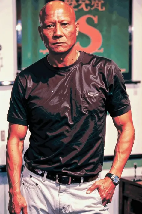 best quality, ultra high res, (photorealistic:1.4), masterpiece, blurry background,indoors,1boy,50 years old,standing ,(looking at viewer), black shirt, <lora:jichunhua:0.8>