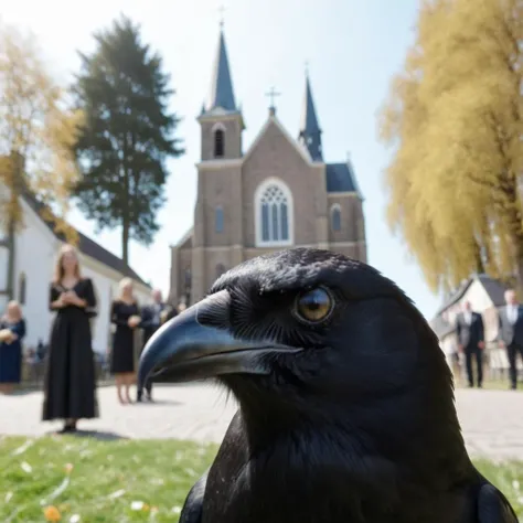 cinematic photo crow as cfb,in foreground blurry, church background, man, woman wedding, <lora:CatPhotoBomb-000010:0.7>, (dutch angle), parody, meme . 35mm photograph, film, bokeh, professional, 4k, highly detailed