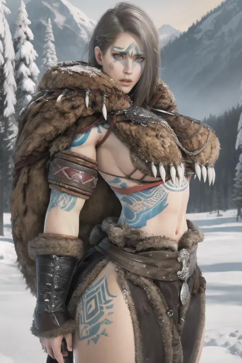 guardian, mueburus armor, sideboob, muscular female, tattoo, angry, serious, standing in frozen tundra, hands on hips, snow, snow covered trees, mountains, (cowboy shot), (insanely detailed, beautiful detailed face, masterpiece, beautiful detailed eyes, best quality) <lora:BDO Guardian:0.7>
