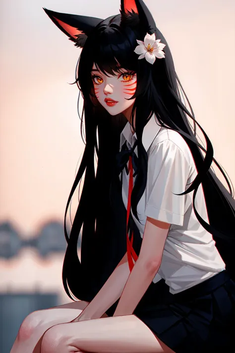 nixeu, ahri, ahri_\(league_of_legends\), 1girl, animal_ears, artist_name, bangs, black_hair, black_skirt, blue_ribbon, blurry, blurry_background, collared_shirt, facial_mark, flower, fox_ears, grey_flower, hair_flower, hair_ornament, highres, league_of_legends, long_hair, looking_at_viewer, neck_ribbon, orange_eyes, parted_lips, pleated_skirt, ribbon, shirt, sitting, skirt, solo, teeth, whisker_markings, white_shirt