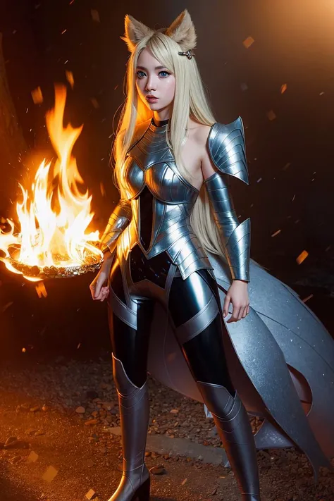 full body, full body shot, body photograph, <lora:ahriLeagueOfLegends_ahri45Suggested:0.65 >, background dragon, dragons, dungeons, fires, magic, fight, highres, silver plate armor, metal pants, knight, sword, middle age, ahri \(league of legends\), league of legends, medium breasts, 1girl, k/da (league of legends),  animal ears, solo, fox ears, long hair, blonde hair, (detailed face and eyes:1.25)