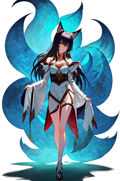 a woman in a white dress with long black hair and a blue tail