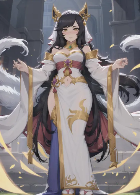1girl, full body, standing, viewed from below, looking at viewer, adult, mature, ahri, ahri_\(league_of_legends\), 1girl, animal_ears, fox ears, fox tail, multiple tails, tail bangs, black_hair, facial_mark, orange_eyes, whisker_markings, wedding dress,  <lora:afrobullStyleLora_afrobull:0.9>, beautiful, masterpiece, best quality, extremely detailed face, perfect lighting, perfect face, beautiful face, beautiful eyes, masterpiece, high res,