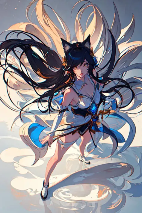 ahri, ahri \(league of legends\), [(magical realm background:1.4), ((masterpiece)),(best quality),colorful,extremely detailed,1girl, absurdres, animal_ears, black_hair, breasts, detached_sleeves, distr, highres, facial_mark, fox_ears, fox_tail, hand_up, league_of_legends, long_hair, long_sleeves, magic, multiple_tails, orange_eyes, parted_lips, solo, standing, tail, full body, bad-hands-5, <lora:ahriLeagueOfLegends_ahri45Suggested:0.65>