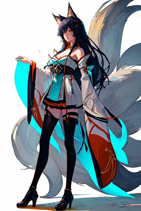 ahri, ahri \(league of legends\), [(magical realm background:1.4), ((masterpiece)),(best quality),colorful,extremely detailed,1girl, absurdres, animal_ears, black_hair, breasts, detached_sleeves, distr, highres, facial_mark, fox_ears, fox_tail, hand_up, league_of_legends, long_hair, long_sleeves, magic, multiple_tails, orange_eyes, parted_lips, solo, standing, tail, full body,  bad-hands-5,  <lora:ahriLeagueOfLegends_ahri45Suggested:0.65>