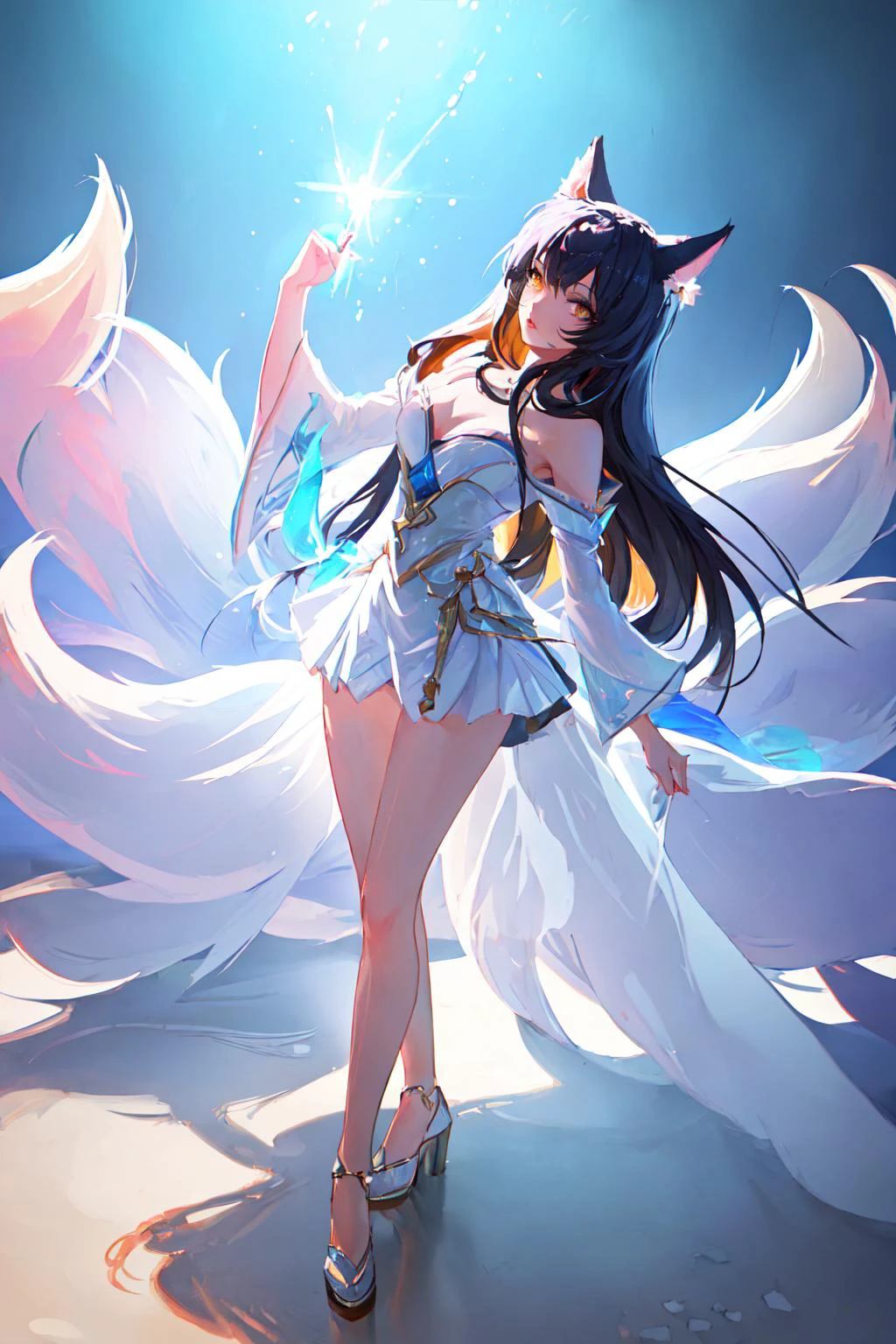 ahri, ahri \(league of legends\), [(magical realm background:1.4), ((masterpiece)),(best quality),colorful,extremely detailed,1girl, absurdres, animal_ears, black_hair, breasts, detached_sleeves, distr, highres, facial_mark, fox_ears, fox_tail, hand_up, league_of_legends, long_hair, long_sleeves, magic, multiple_tails, orange_eyes, parted_lips, solo, standing, tail, full body, bad-hands-5, <lora:ahriLeagueOfLegends_ahri45Suggested:0.65>
