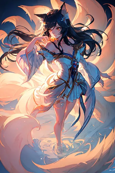 ahri, ahri \(league of legends\), [(magical realm background:1.4), ((masterpiece)),(best quality),colorful,extremely detailed,1girl, absurdres, animal_ears, black_hair, breasts, detached_sleeves, distr, highres, facial_mark, fox_ears, fox_tail, hand_up, league_of_legends, long_hair, long_sleeves, magic, multiple_tails, orange_eyes, parted_lips, solo, standing, tail, full body, bad-hands-5, <lora:ahriLeagueOfLegends_ahri45Suggested:0.65>