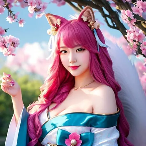 absurdres, masterpiece, best quality, (realistic:1.3), (detailed), ((in frame)), best illumination, best shadow, finely detail, depth of field, bloom, shine, glinting stars, perfect lighting, 1girl, ahri, ahri_\(league_of_legends\), pink_hair, animal_ear_fluff, animal_ears, bangs, bare_shoulders, bell, breasts, cleavage, facial_mark, fox_ears, fox_girl, green_kimono, hair_bell, hair_ornament, highres, japanese_clothes, kimono, large_breasts, league_of_legends, long_hair, looking_at_viewer, petals, ribbon, signature, smile, solo, spirit_blossom_\(league_of_legends\), spirit_blossom_ahri, wang_bu_chou, whisker_markings, (outdoor), ((detailed fancy night)), daylight, beautiful sky, detailed sky, moon, moonlight, starry sky, sparkling star,, <lora:koreanDollLikeness_v15:0.4> <lora:ahriLeagueOfLegends_ahri45Suggested:0.7>
