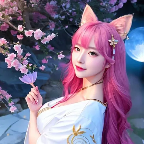 absurdres, masterpiece, best quality, (realistic:1.3), (detailed), ((in frame)), best illumination, best shadow, finely detail, depth of field, bloom, shine, glinting stars, perfect lighting, 1girl, ahri, ahri_\(league_of_legends\), pink_hair, animal_ear_fluff, animal_ears, bangs, bare_shoulders, bell, breasts, cleavage, facial_mark, fox_ears, fox_girl, green_kimono, hair_bell, hair_ornament, highres, japanese_clothes, kimono, large_breasts, league_of_legends, long_hair, looking_at_viewer, petals, ribbon, signature, smile, solo, spirit_blossom_\(league_of_legends\), spirit_blossom_ahri, wang_bu_chou, whisker_markings, (outdoor), ((detailed fancy night)), daylight, beautiful sky, detailed sky, moon, moonlight, starry sky, sparkling star, <lora:koreanDollLikeness_v15:0.4> <lora:ahriLeagueOfLegends_ahri45Suggested:0.7>, fullbody