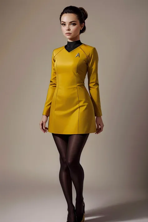 [masterpiece, top quality, best quality, official art, beautiful and aesthetic:1.3], portrait, original star trek yellow dress uniform, dark tights, full body, (1girl), cute, very sexy, hazel eyes
<lora:star_trek_offset:0.80>,