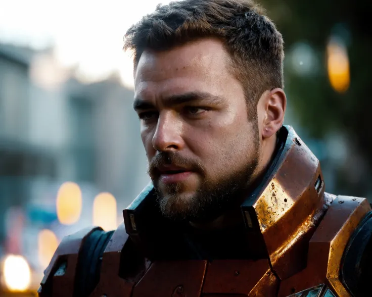 from Star Trek <lora:star_trek_offset:1>, close up Portrait photo of muscular bearded guy in a worn mech suit, ((light bokeh)), intricate, (steel metal [rust]), elegant, sharp focus, photo by greg rutkowski, soft lighting, vibrant colors, masterpiece, ((streets)), detailed face