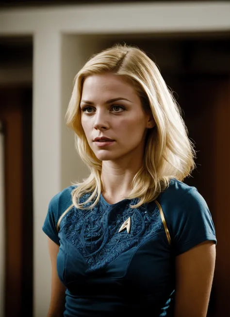 from Star Trek <lora:star_trek_offset:1>, (masterpiece), (extremely intricate:1.3), (realistic), portrait of a female, blonde girl, indoors, blue shirt