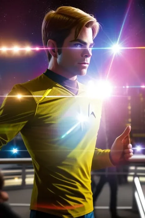 1man, cowboy shot, star trek, chris pine as captain kirk, <lora:TREK_Kelvin:0.8> , yellow shirt, art by (alice x zhang), on the bridge of the enterprise, (lens flares:1.42)