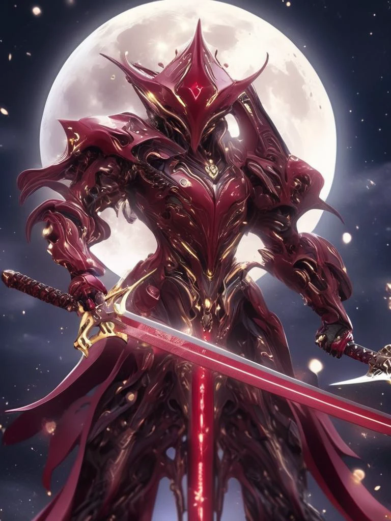 Futuristic alien wearing ruby mechanical armor, holding a sword, in a combative stance, outside in the moonlit plains, <lora:FuturisticAlienV1:1>, <lora:XLKnightV1:1>,