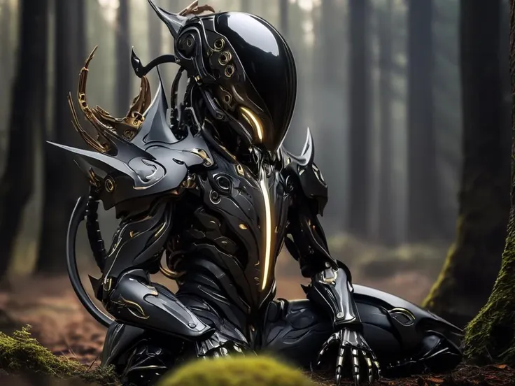 Futuristic alien wearing obsidian slender mechanical armor, kneeling in the forest, damaged helmet, <lora:FuturisticAlienV1:1>,