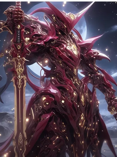Futuristic alien wearing ruby mechanical armor, holding a sword, in a combative stance, outside in the moonlit plains, <lora:FuturisticAlienV1:1>, <lora:XLKnightV1:1>,