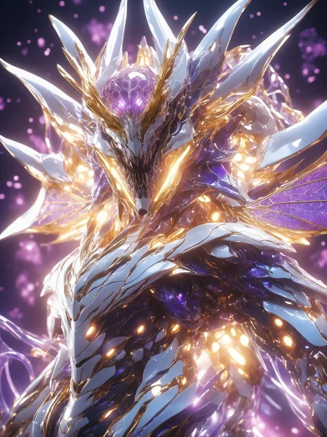masterpiece ,best quality,black outline,cel shaded,ultra detailed,8k,(chromatic aberration:1.3)(close up shot :1.2)(vicious face:1.2)(monster jaws)(dripping saliva)(keen eyes) ((dynamic pose:1.2))a white transluscent  sci fi alien,purple gradient glowing neurons on body, transparent hexagonal patterned chitin armor, iridiscent dragonfly eyes,in the artstyle of Kentaro Miura,The scene features 80s-style anime bloom and lens flare effects,intriguing white colors pallete enhanced by CGI elements. 8k Amazing, finely detail, (masterpiece:2.0, best quality), (intricate details, depth of field) RAW <lora:FuturisticAlienV1:.8>