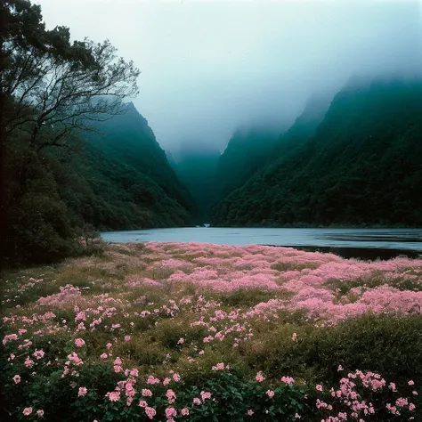 cinematic atmosphere RAW photo shot by dslr Fujifilm XT3,Lifelike textures, shot on kodak portra BREAK hyper realistic high detail. (Foggy Sea of Darkness. Darkly beautiful. Marshland river delta. Twisted trees and muted colored flowers. Hanging vines. Ruined fantasy medieval city in background and jagged mountain peaks) BREAK detailed closeup tilt-shift,cinematic atmosphere RAW photo shot by dslr Fujifilm XT3,Lifelike textures, (shot on kodak portra), ilford delta colored film still