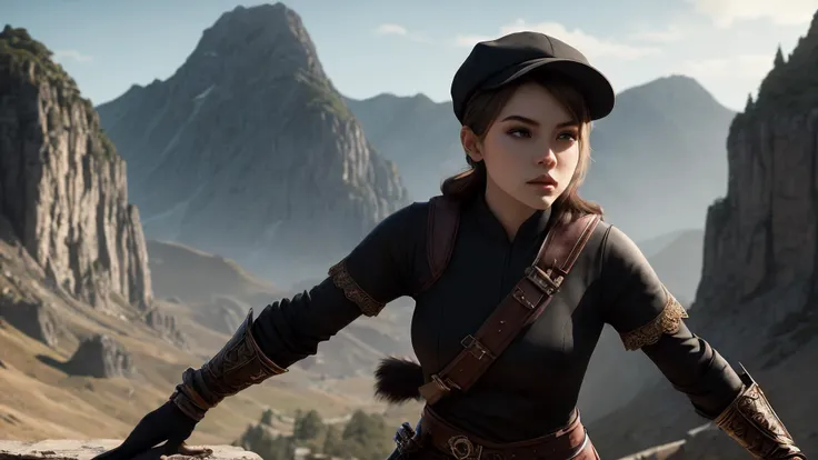 best quality, masterpiece, of a female, dressed as a Assassin, black outfit, with black hair, with a female Neatly trimmed side-swept hairstyle with a subtle wave, wearing a flat cap, medium shot, fighting, In a towering mountain fortress, home to a clan of warrior monks,, realistic, concept art, cinematic, volumetric lighting, highly detailed, 8k ultradetialed character with perfect face,detailed skin,(ultrasharp:1.3),(masterpiece:1.1),best quality AS-YoungV2,(photorealistic:1.2),ultrarealistic,realistic ultradetailed character,4k perfect quality,<lyco:GoodHands-beta2:1>Magnificent,Imperceptible detail,Intricately designed,