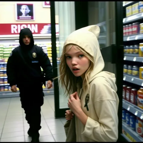 screen cap restored from security camera,a sneaky thief girl sasha luss stealing in grocery store, hooded thug life girl sasha luss, surrounded by police, getting arrested