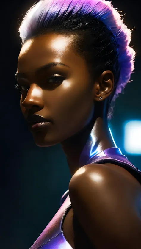 (photograph, hyperrealism, masterpiece, 8k:1.3), 1girl, South Sudanese, elegant, nsfw, armored dress, faux hawk hair, sorry, Colored Lighting, Soft pastel or deep, rich hues infusing the scene with a unique and sensual ambiance, trending on Google Images, concept art, shot by helmut newton, close-up