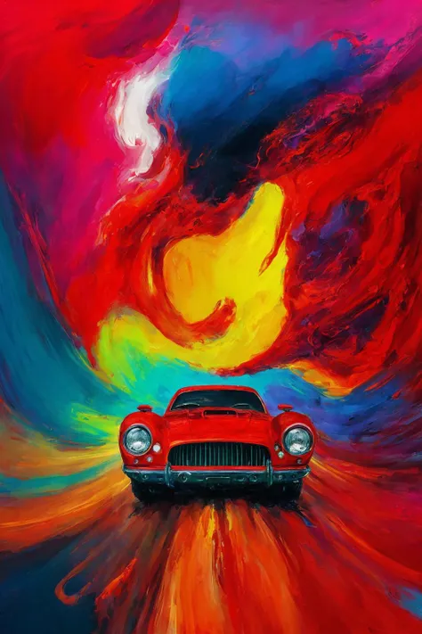 dreamscape abstract expressionist painting red race car, in the style of sam spratt, historical illustrations, old masters, genndy tartakovsky, soggy, masaccio, monochromatic realism  . energetic brushwork, bold colors, abstract forms, expressive, emotional . surreal, ethereal, dreamy, mysterious, fantasy, highly detailed