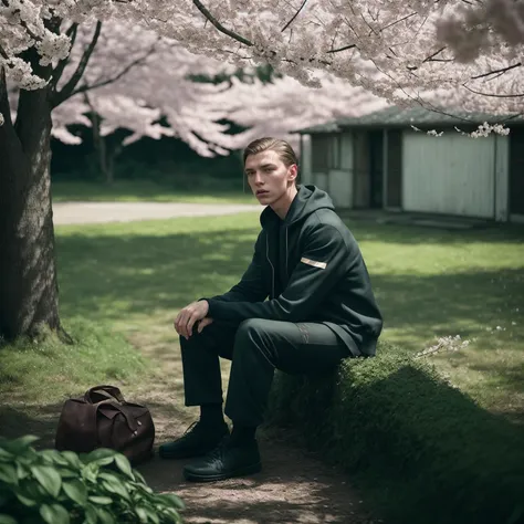 (Mamiya photography) (grainy film) cinematic (film still by Alessio Albi), gopnik thug sportswear sitting surround by greeny bushes of sakura, depth of field, bokeh, messy cluttered background, captivating play of shadows <lora:gelios40bokeh_v2:0.1>