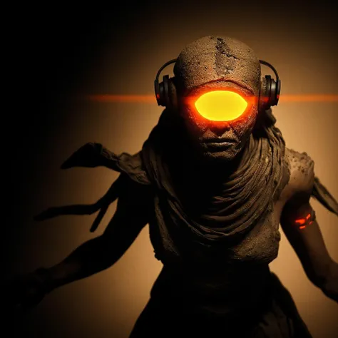 film still, An Egyptian mummy with headphones, adorned with glowing orange eyes, is dramatically illuminated with rim lighting, casting a haunting and mysterious aura, as the shimmering light outlines the ancient bandages, bringing an eerie and captivating presence to the enigmatic figure from the past., raw and gritty, slightly out of focus, disorder and chaos, dramatic lighting, light and shadow, intense emotion, action dynamic scene, sense of movement, urgency, rule of thirds composition, themes of conflict, visual metaphor, symbolism