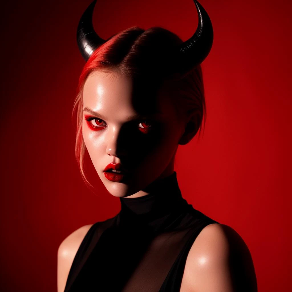 Shadow of female model against red background, demoncore aesthetic,  sinister vibes, teasing, small horns, shining red eyes and lips, red background, Tumblr photo,sasha luss