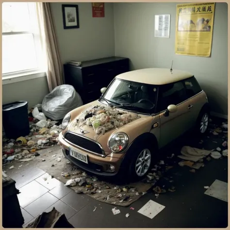 photography of (a Mini car on the floor)  (surrounded by messy bedroom, posters on the walls and dirty bed, cluttered bedroom , large bed, full of dirty cloth, piles of trash and garbage, messy chaotic composition, high angle, chinese, mcdonalds trash food),
[[
[[[ early morning light through the window]]], 
[[[professional color grading soft shadows warm sunlight dusty depth of field dreamy bokeh]]],
[[[Cool Tones,Amber_Teal,Muted color_palette]]],
[a car, by  bill henson [[alessio albi]]]
]],