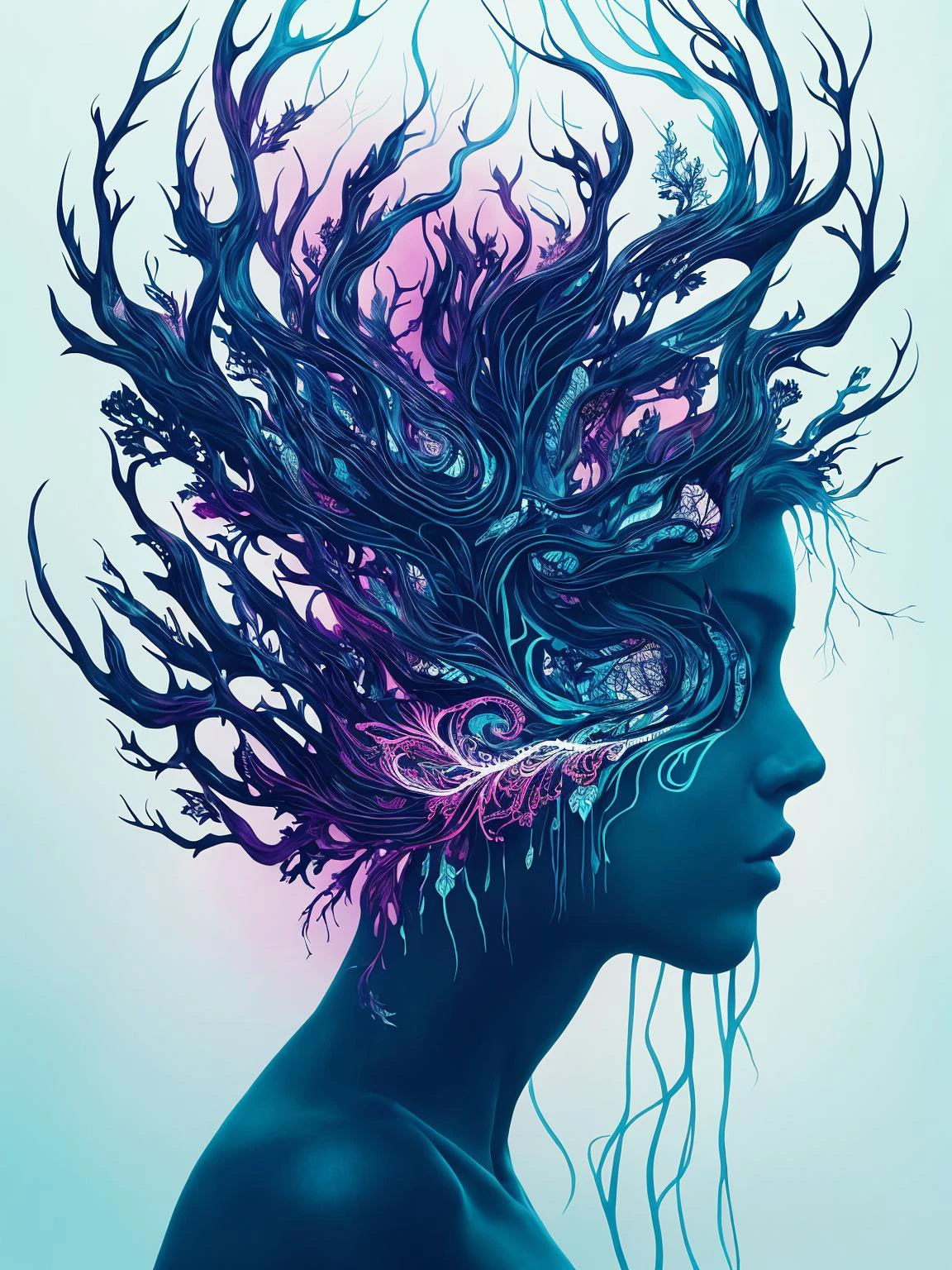 mysterious silhouette forest woman, by Minjae Lee, Carne Griffiths, Emily Kell, Geoffroy Thoorens, Aaron Horkey, Jordan Grimmer, Greg Rutkowski, amazing depth, masterwork, surreal, geometric patterns, intricately detailed, bokeh, perfect balanced, deep fine borders, artistic photorealism , smooth, great masterwork by head of prompt engineering
