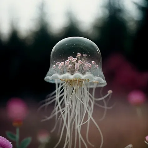 ((screen grab vhs quality (restored from security camera:0.8):0.8),(dreamy depth of field bokeh effects photo by alessio albi of:0.8) (flower) (jellyfish) fusion hybrid mix of jellyfish and flowers, (analog grainy scratchy film still by ilford delta:0.8):0.95)