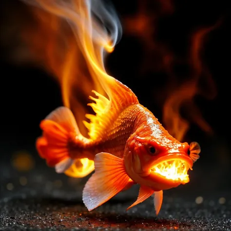  flame-formed fish made of fire flames , detailed ,fire,smoke, selective depth of field, dusty falling particles