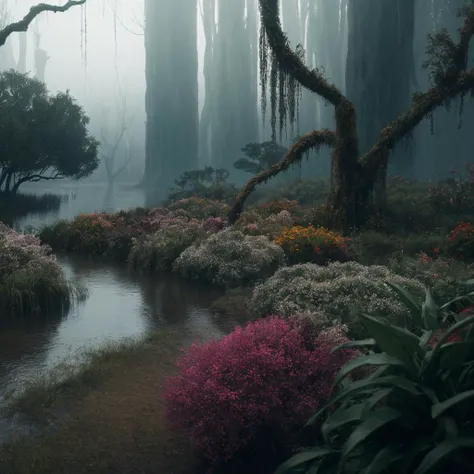 (cinematic atmosphere RAW photo shot by dslr Fujifilm XT3,Lifelike textures) BREAK hyper realistic high detail raytracing octane render. Foggy Sea of Darkness. Darkly beautiful. Marshland river delta. Twisted trees and muted colored flowers. Hanging vines. Ruined fantasy medieval city in background and jagged mountain peaks