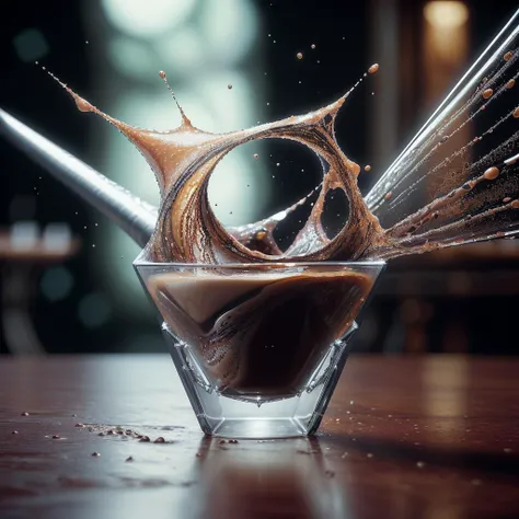 best quality, masterpiece, 8k, high quality, cinematic, hyper realistic, illustration, autodesk maya, vray render, ray tracing, hdr, DSLR, full frame, 16mm focal length, f4 aperture, dynamic perspective, deep depth of field, (((swirling  geometrical fractal splashes of fluid)) detailed,
( flying in the air, coffee splashes of liquid, in style of fractals),a cup of coffee on a table,
[[dynamic thought-provoking composition, slow-motion captured on high-speed camera]], 
[[[ illuminated by natural light beam of morning sunlight]]]), (bloom, rim lighting, studio lighting, soft lighting, low key),<hypernet:LuisapSciFiHard:0.25> (scifi, hard surface, armor, metal bolts, robotic, industrial, structures, sub-d),<lora:urbansamurai_v0.3:0.25> (urbansamurai, techwear), <lora:hipoly3DModelLora:0.25> (CGI, 3D, realistic)