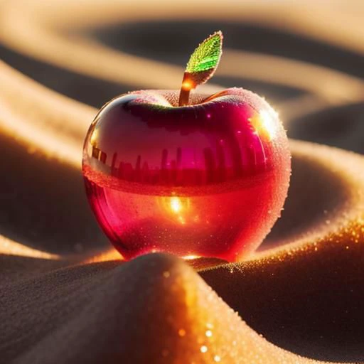 apple made of transparent candy, micro, focus, rubies, golden sand