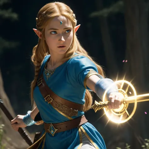 Princess Zelda, action scene, 8k, High detail RAW color photo, realistic, highly detailed CG unified 8K wallpapers, physics-based rendering, cinematic lighting, (full body), beautiful detailed eyes, ultra highres, photorealistic, 8k, hyperrealism, cinematic lighting, analog photography by gregg araki