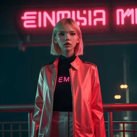 (wes anderson color palette:0.5), movie still cinematic color grade,a photo of sovietwave cyberpunk , russian neon sign text "ТÐСТ ÐÐ ÐÐÐÐ ÐРСÐСТÐÐЫ", sasha luss, hyperrealistic details, wide angle, detailed, styled