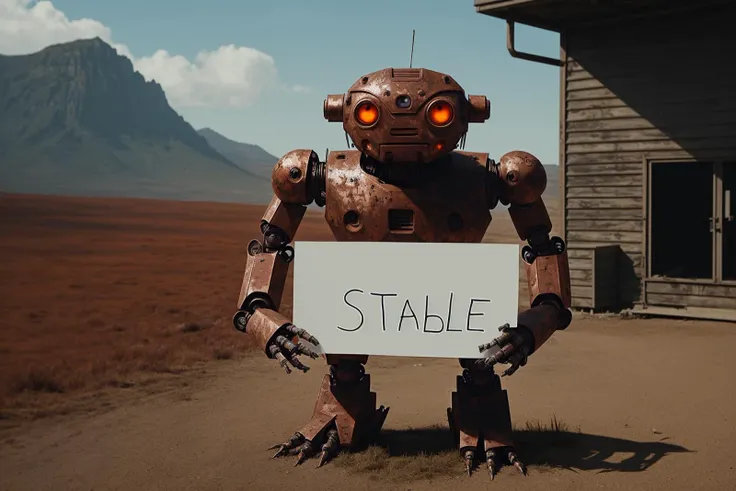 angry rust detailed robotic creature holding a piece of (paper with letters ("STABLE")),selfie outdoor cinematic still