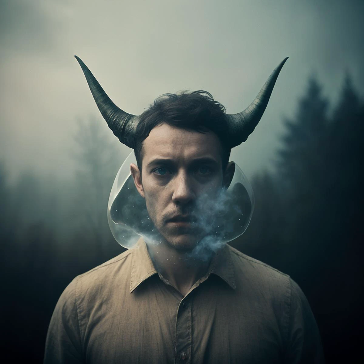 [transparent glass] demon gas horns,  haunted depth of field bokeh gas cloud by Alessio Albi by Paul Barson.