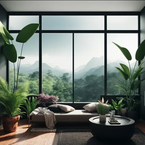 zen room for meditation with crystals and lots of plants indoor architecture, Peaceful, hyperrealistic, cinematic 8k ultra hd, neo-dada, spectacular, spectacle, psychedelic, forced perspective, feminist art, empowering, masterpiece, private collection, curated collection,behance, 3d render, cracked clay, gothic, dark colors, oversaturated, depth