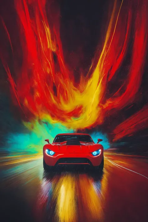 long exposure photo of abstract expressionist painting red race car, in the style of sam spratt, historical illustrations, old masters, genndy tartakovsky, soggy, masaccio, monochromatic realism . energetic brushwork, bold colors, abstract forms, expressive, emotional . Blurred motion, streaks of light, surreal, dreamy, ghosting effect, highly detailed