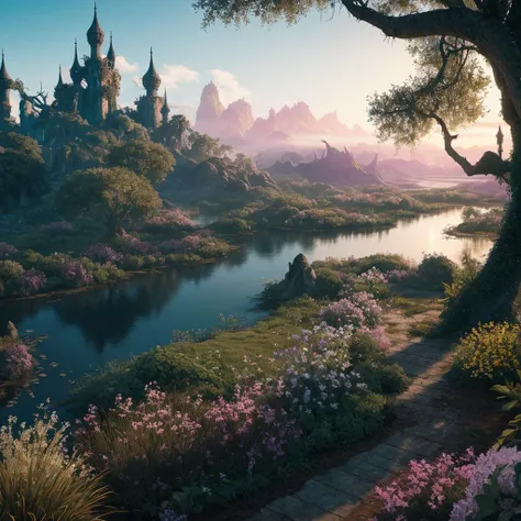 hyper realistic high detail raytracing octane render. Foggy Sea of Darkness. Darkly beautiful. Marshland river delta. Twisted trees and muted colored flowers. Hanging vines. Ruined fantasy medieval city in background and jagged mountain peaks