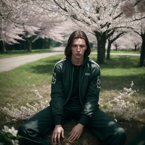 (Mamiya photography) (grainy film) cinematic (film still by Alessio Albi), gopnik thug sportswear sitting surround by greeny bushes of sakura, depth of field, bokeh, messy cluttered background, captivating play of shadows <lora:gelios40bokeh_v2:0.1>