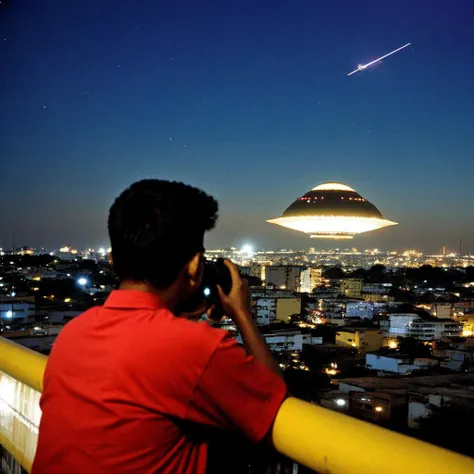 [[[[colossal spaceship over indian slums]]]], behind the shoulder photo of male teen photo-reporter taking photo of ufo,mamiya grainy nostalgic bokeh photo