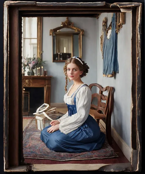 19th Century Hanukkah \(style\)  photo of fit, thin  21 year old  jp-newgrlv2-700 ,Braided updo, modest makeup, 19th-century bloomers and camisole with blue ribbons as lingerie, Victorian drawing room with menorah and Hanukkah gifts, Wet plate camera, f/4, 30s, ISO n/a